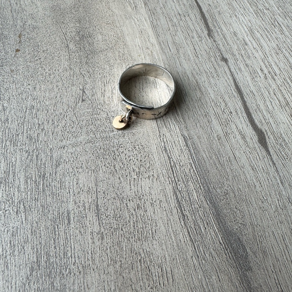 Handmade Silver Ring with Brass Dangle - Picture 2 of 2